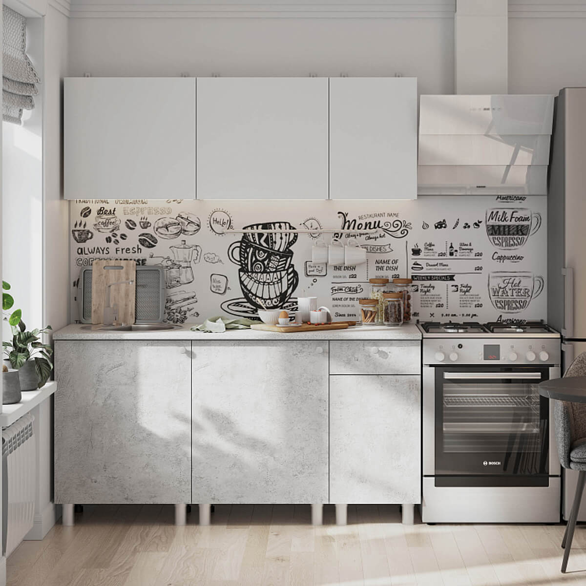 Кухонный гарнитур "КГ - 1(1600)" белый/белый/цемент светлый/антарес