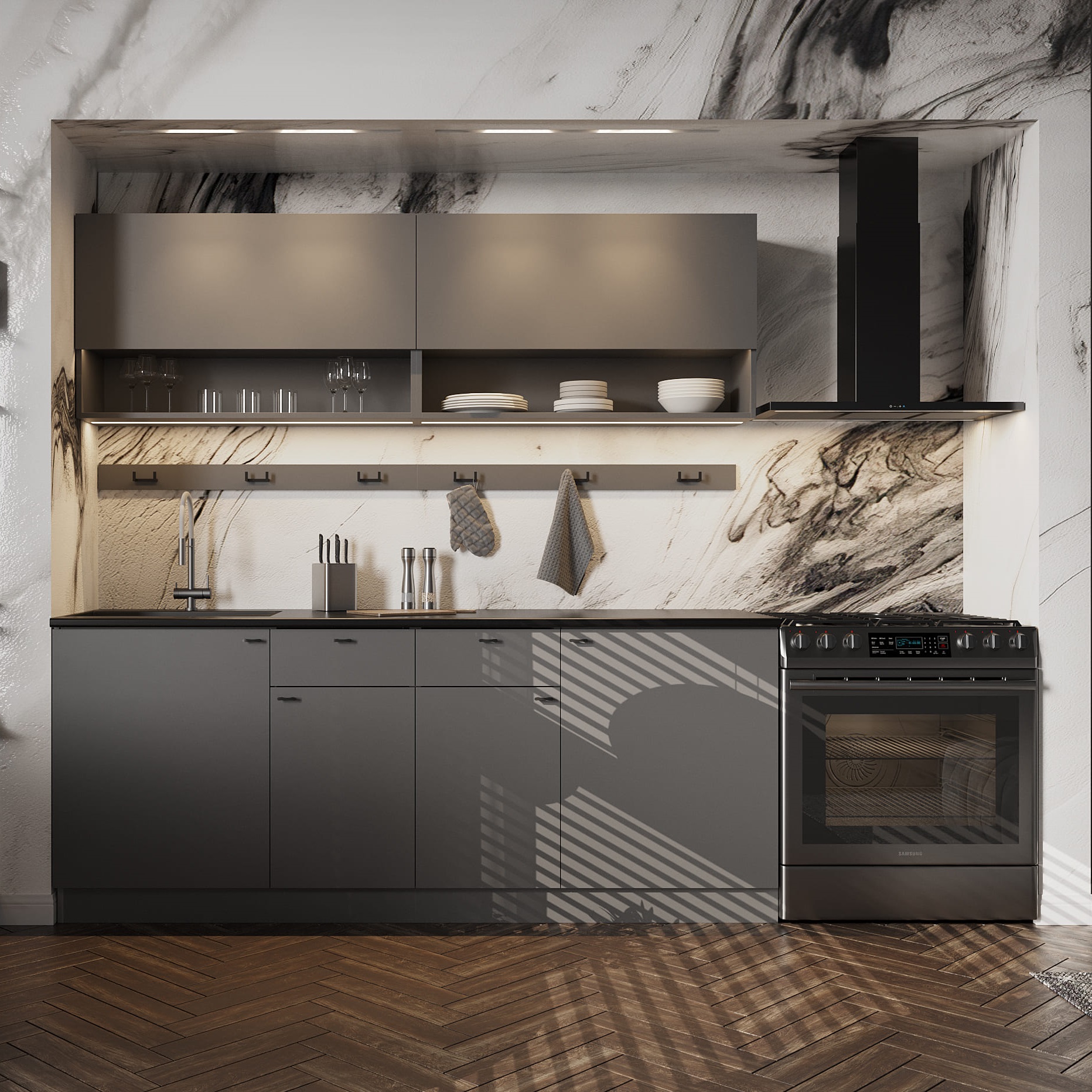 Кухонный Гарнитур "Энни" (2,0 м) Графит серый/Черный